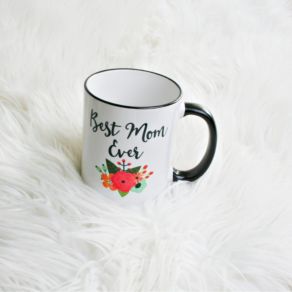 Mug Ceramic "Best Mom Ever" Black Rim And Handle